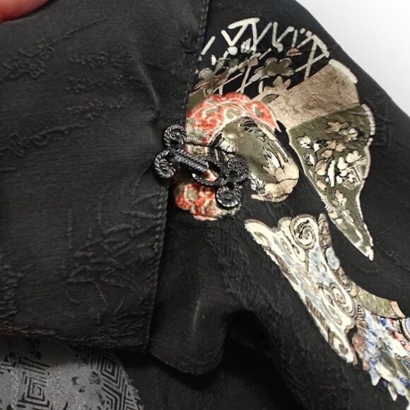 Citron Santa Monica 100% Silk Black Oriental Patterned Blouse Sz XL - Picture 6 of 10